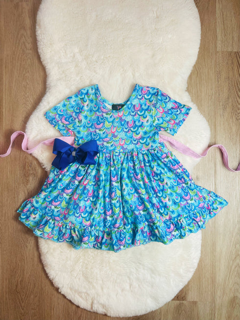 Bowtism Mermaid Scale Layered Twirl Dress with Matching Bow - Bowtism